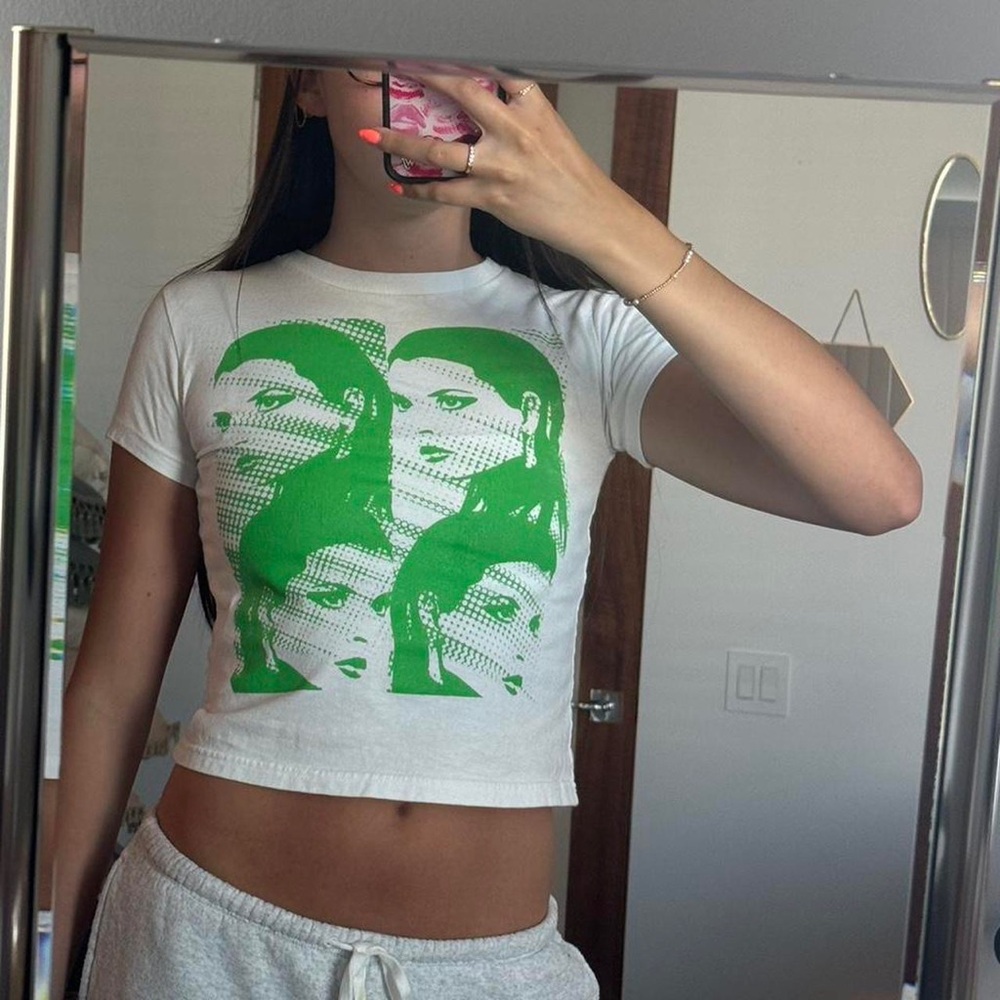 Cropped White Tee with Green Graphic Short Sleeves
